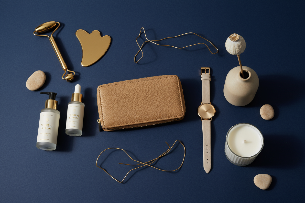 A clean, luxurious flat-lay of multiple elegant lifestyle products arranged aesthetically on a deep navy blue background — including beauty accessories, skincare bottles, a leather wallet, a wristwatch, minimalist home decor, and a candle. Add subtle gold details and light beige highlights to create contrast. The setup should look premium, modern, and inviting. Use soft lighting with gentle reflections and shadows to add depth. The composition should feel elegant, stylish, and suitable for a luxury eCommerc